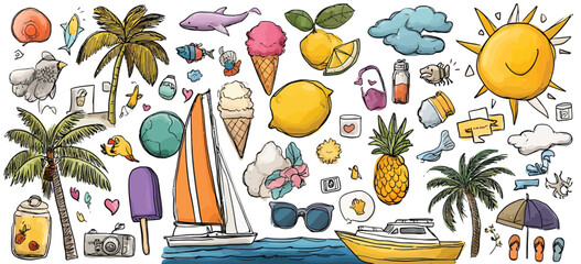 Colorful Childlike Crayon Doodle Pattern with Houses, Trees, Rockets, Animals, and Space Elements on White Background- Adobe Illustrator Artwork