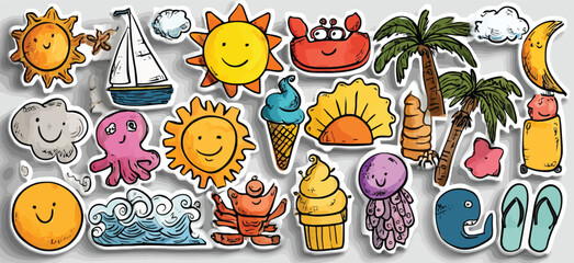 Seamless Hand-Drawn Summer Doodle Pattern with Suns, Palm Trees, Waves, Beach Icons, and Bright Cartoon Elements on White Background- Adobe Illustrator Artwork