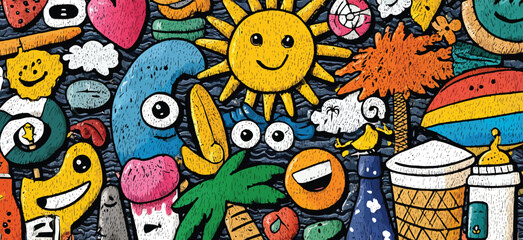 Seamless Hand-Drawn Summer Doodle Pattern with Suns, Palm Trees, Waves, Beach Icons, and Bright Cartoon Elements on White Background- Adobe Illustrator Artwork