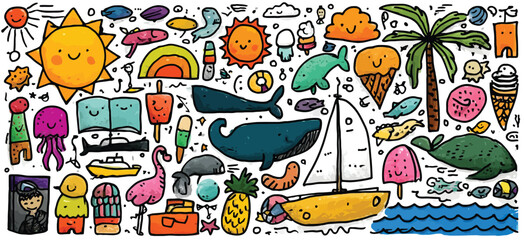 Seamless Hand-Drawn Summer Doodle Pattern with Suns, Palm Trees, Waves, Beach Icons, and Bright Cartoon Elements on White Background- Adobe Illustrator Artwork
