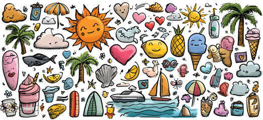 Seamless Hand-Drawn Summer Doodle Pattern with Suns, Palm Trees, Waves, Beach Icons, and Bright Cartoon Elements on White Background- Adobe Illustrator Artwork