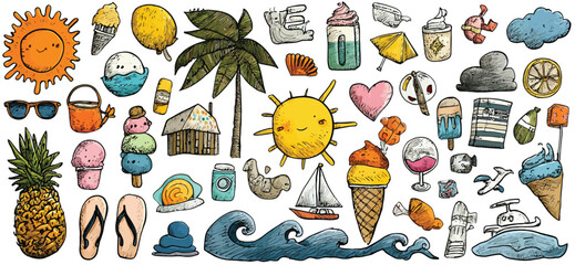 Seamless Hand-Drawn Summer Doodle Pattern with Suns, Palm Trees, Waves, Beach Icons, and Bright Cartoon Elements on White Background- Adobe Illustrator Artwork