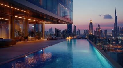 Obraz premium Modern luxury apartment rooftop with infinity pool overlooking city skyline at sunset