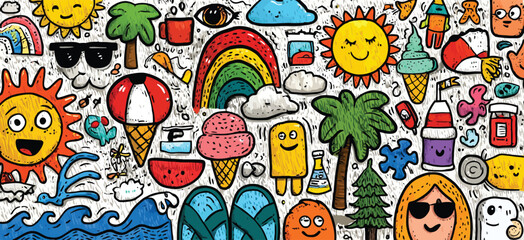 Seamless Hand-Drawn Summer Doodle Pattern with Suns, Palm Trees, Waves, Beach Icons, and Bright Cartoon Elements on White Background- Adobe Illustrator Artwork