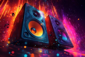 Colorful speakers, music, vibrant background, party (1)