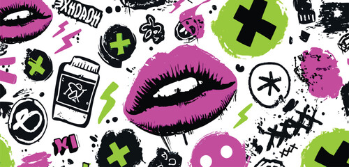 Seamless Y2K Punk Doodle Pattern with Neon Pink Lips, Green Crosses, Barcodes, and Lightning Bolts on White Background- Adobe Illustrator Artwork