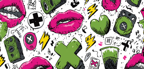 Seamless Y2K Punk Doodle Pattern with Neon Pink Lips, Green Crosses, Barcodes, and Lightning Bolts on White Background- Adobe Illustrator Artwork