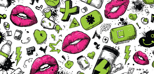 Seamless Y2K Punk Doodle Pattern with Neon Pink Lips, Green Crosses, Barcodes, and Lightning Bolts on White Background- Adobe Illustrator Artwork