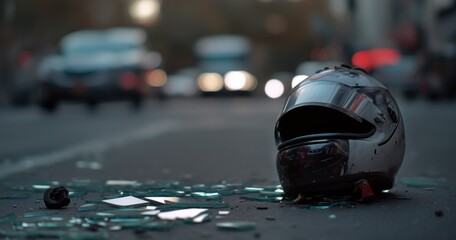 Fototapeta premium Une scène d'accident de la route avec un casque de motard et des débris de verre sur le sol, arrière-plan de voitures floues avec effet bokeh, concept de sensibilisation sur la sécurité routière.