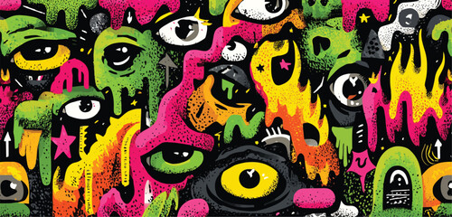 Seamless Y2K Punk Doodle Pattern with Neon Pink Lips, Green Crosses, Barcodes, and Lightning Bolts on White Background- Adobe Illustrator Artwork