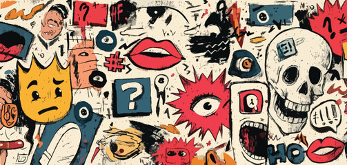 Seamless Y2K Punk Doodle Pattern with Neon Pink Lips, Green Crosses, Barcodes, and Lightning Bolts on White Background- Adobe Illustrator Artwork