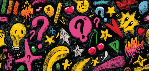 Pop punk doodle mash-up pattern — edgy symbols like skulls, tags, mail icons, lips, and eyes, marker sketch effect, neon pink and green colors, vector repeat Adobe Illustrator Artwork