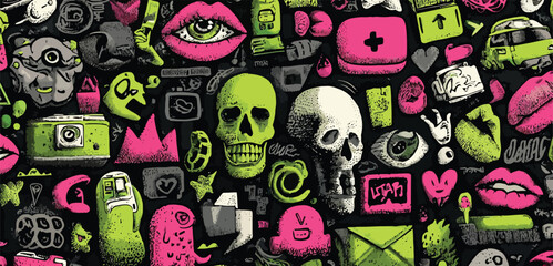 Pop punk doodle mash-up pattern — edgy symbols like skulls, tags, mail icons, lips, and eyes, marker sketch effect, neon pink and green colors, vector repeat Adobe Illustrator Artwork