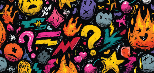 Pop punk doodle mash-up pattern — edgy symbols like skulls, tags, mail icons, lips, and eyes, marker sketch effect, neon pink and green colors, vector repeat Adobe Illustrator Artwork