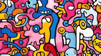Colorful abstract doodle art with various shapes and characters.