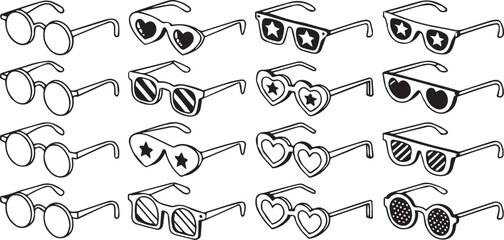 Sunglasses Collection: A stylish illustration showcases various sunglasses, featuring an assortment of shapes and designs perfect for a sunny day.