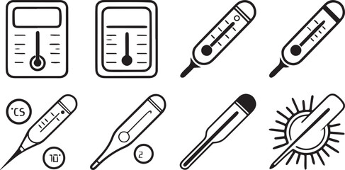 Thermometer Icons: A collection of diverse thermometer icons, showcasing various styles and designs, perfect for healthcare, weather, or science-related projects.