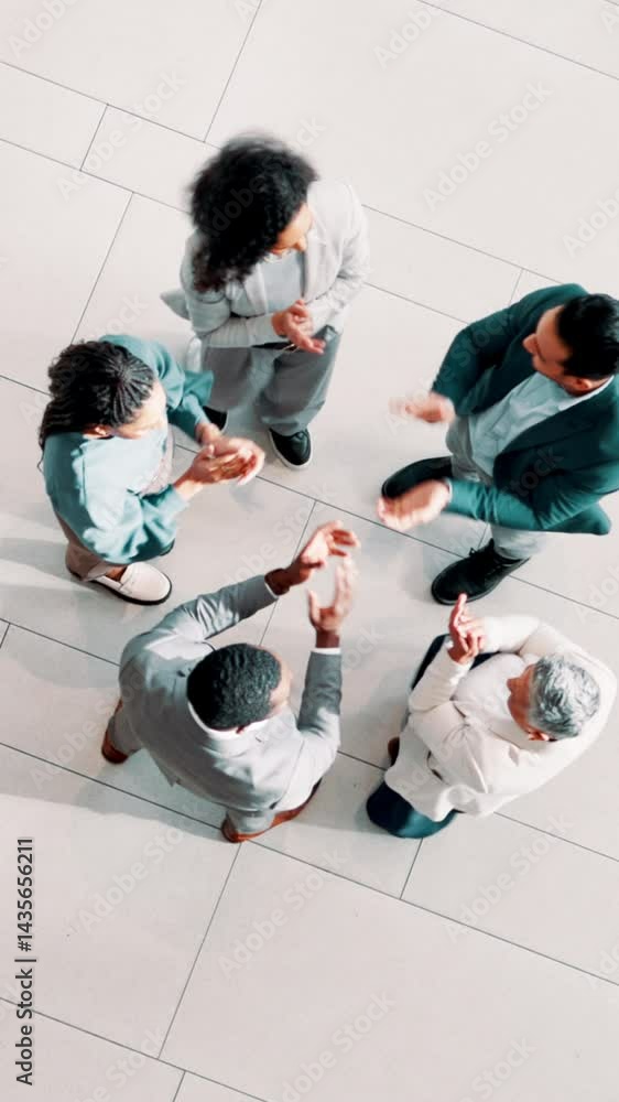 Aufkleber hand stack, celebration and group of business people in office with clapping hands for achievement. 