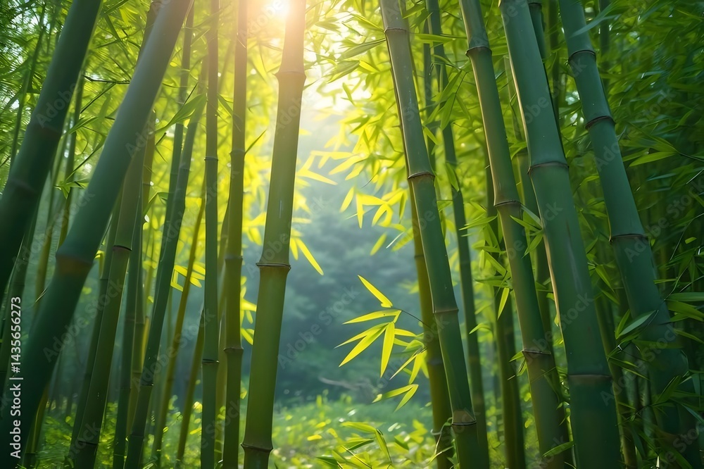 Poster 緑豊かな竹林 太陽光が降り注ぐ風景 鮮やかな緑色の竹と木漏れ日のコントラスト