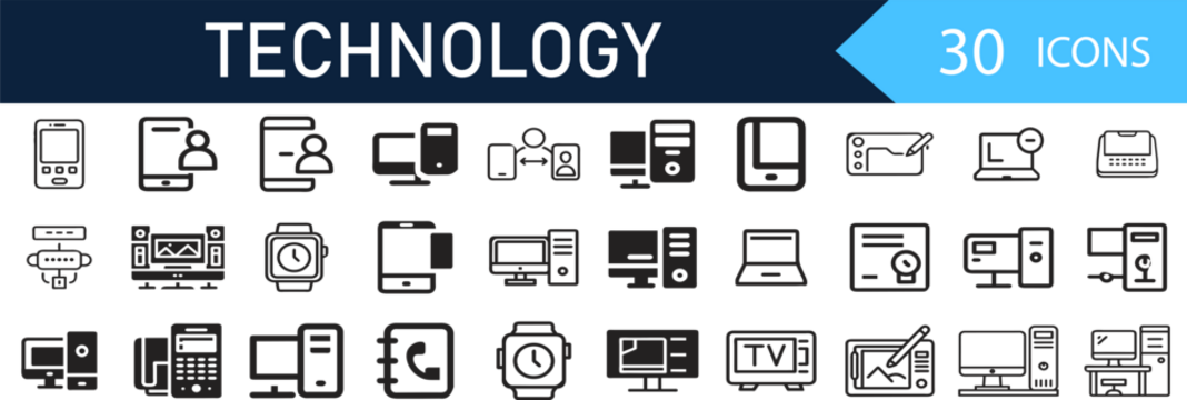 IT Line Icons Set – Modern Flat UI Symbols. Big Collection of Tech Icon – Outline Style. With No Background.