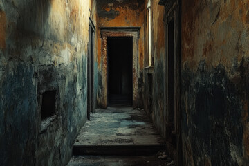Fototapeta premium Peeling walls and floor in an old hallway, revealing layers of history and neglect.