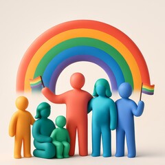 A 3D-rendered digital illustration symbolizing LGBTQ+ Rights.
Stylized human figures of different colors stand together proudly, some holding small rainbow flags - Generative AI