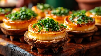 Fototapeta premium Golden-brown baked pastries, creamy filling, green herb garnish, served on rustic wooden board