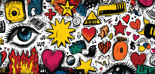 Hand-drawn Y2K doodle symbols with neon green, pink, and black, each element separated on a white background, includes skulls, lips, lightning bolts, and crowns, rough marker Adobe Illustrator Artwork