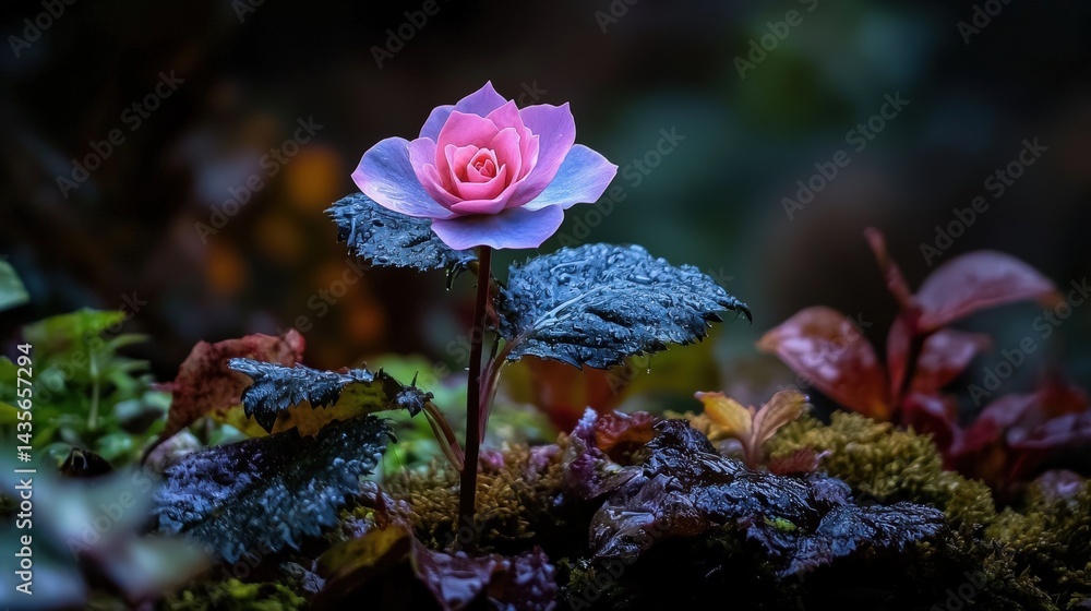 Aufkleber lush greenery and pink rose a macro photography exploration of serenity in a tranquil forest environ