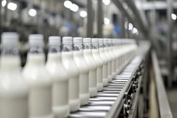 Obraz premium Milk bottles moving on a conveyor belt in a factory environment 