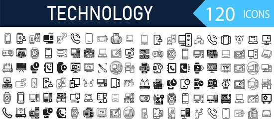 Flat Information Tech Icons – Thin Line Design. isolated on transparent background. Black and...