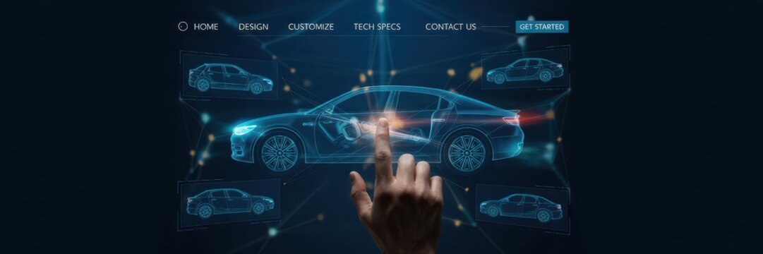 Digital vehicle display showcasing various car models.