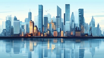 Fototapeta premium Calm morning cityscape reflected in tranquil water.