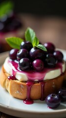 A delicious dessert features creamy yogurt topped with fresh blackberries and cherries, drizzled with berry sauce, beautifully presented on a plate