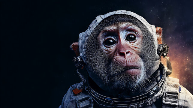 Astronaut monkey gazes into the cosmos, surrounded by stars and a dark space backdrop