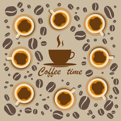 Coffee icon center. Top view cups. Coffee time message. Vector beans pattern.