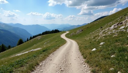 Naklejka premium Majestic mountain drive, a scenic journey uphill on winding dirt road dirt