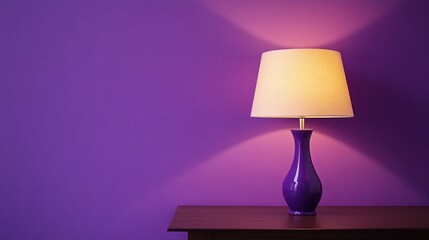 Illuminated purple table lamp on wooden surface against a purple wall.