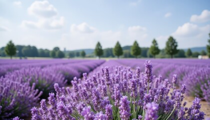 Naklejka premium Dreamy lavender fields in a cozy cottage setting, relaxing escape scenic
