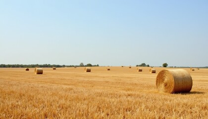 Golden hay bales in a sunlit field, serene rural landscape awaiting harvest