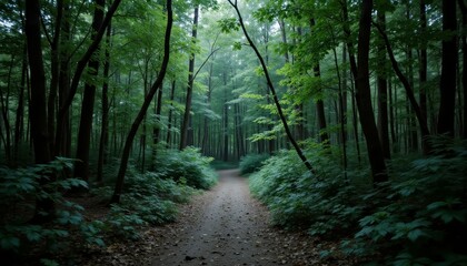 Obraz premium Enchanting forest path, a journey through lush greenery and sunlight scenic