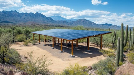 Solar panel installation in arid landscape, showcasing renewable energy amidst mountains