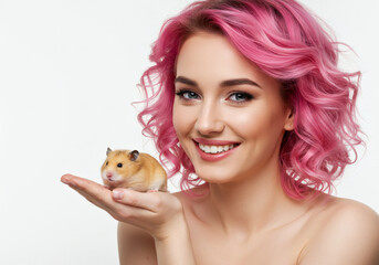 A young woman with pink hair smiles, gently cradling a hamster in her hand.