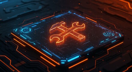 Glow Hammer and Wrench Tools on Futuristic Motherboard Technology