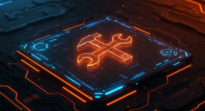 Glow Hammer and Wrench Tools on Futuristic Motherboard Technology