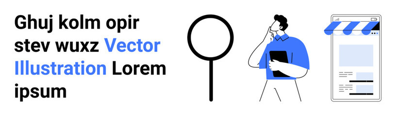 Man holding tablet in thoughtful pose, magnifying glass symbolizing search, web page design suggesting e-commerce store. Ideal for search exploration, online retail, customer behavior, market trends