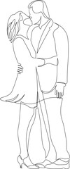 A couple of adults are kissing in continuous line drawing style. Man and women in black linear sketch isolated on white background. Vector illustration