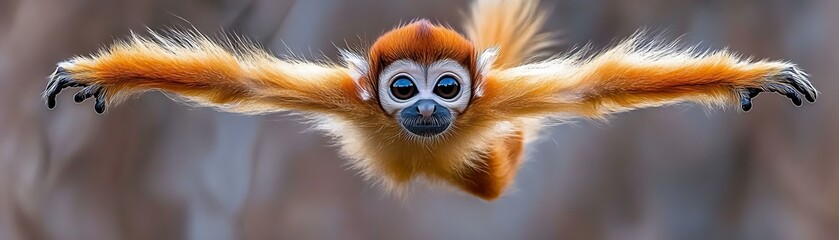 Obraz premium Golden Snub-nosed Monkey in Flight, Jungle Background, Wildlife Photography, Potential for Nature Education