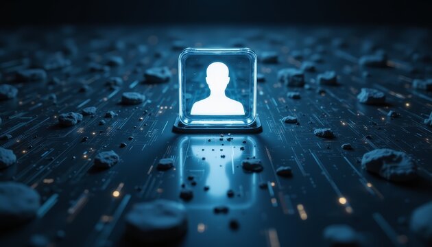 Human silhouette integrated within a computer chip, exploring the synergy between humanity and technology