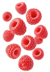 Raspberries Falling on White Background in Studio Light